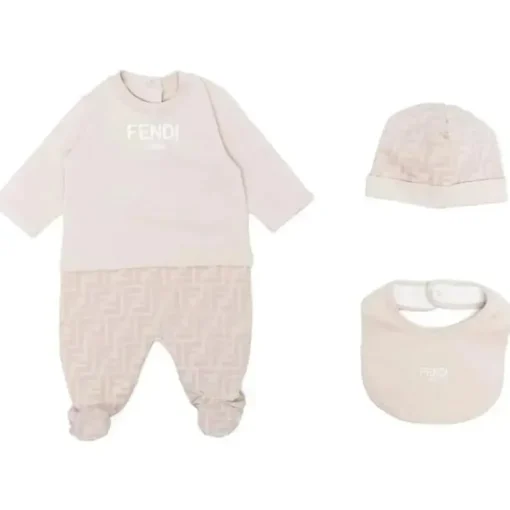 Fendi Baby - Chapéu e babador Footie com Ff desbotado bege