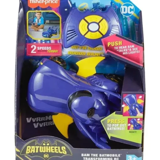Fisher Price - Carro de controle remoto DC Batwheels, Bam The Batmobile Transforming RC com luzes, sons e frases de personagens