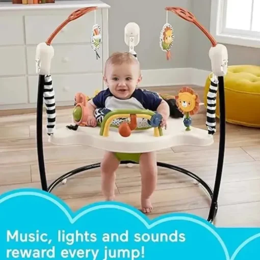 Fisher-Price - Centro de atividades Baby Bouncer Palm Paradise Jumperoo com luzes musicais, sons e brinquedos de desenvolvimento?