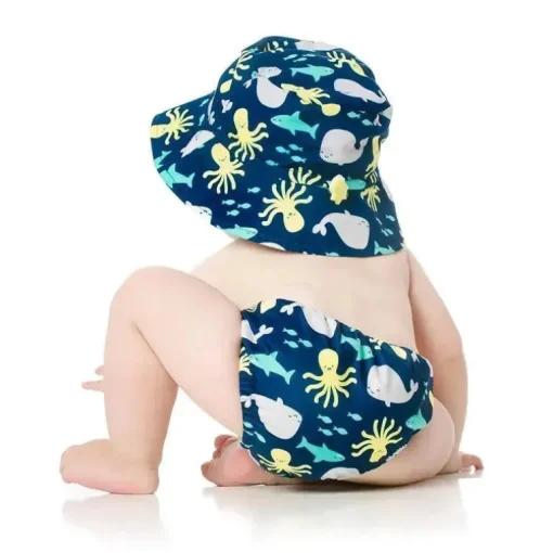 Fralda e chapéu de natação reutilizáveis ​​Bumkins, UPF +50, mar profundo