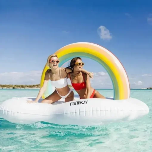 Funboy - Flutuador gigante inflável de luxo para piscina com espreguiçadeira Rainbow Cloud Island
