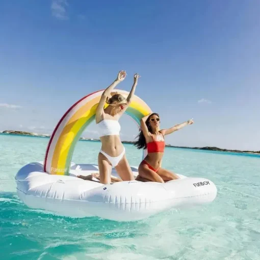 Funboy - Flutuador gigante inflável de luxo para piscina com espreguiçadeira Rainbow Cloud Island