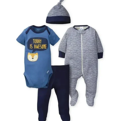 Gerber - Conjunto de 4 peças Snap, Body, Calça e Boné com Pés, Fox