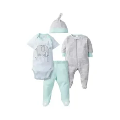 Gerber - Conjunto de 4 peças (snp, macacão, calça com pés e boné) neutro, animais para bebês