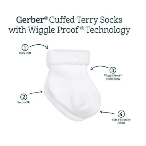 Gerber - 6Pk Terry Wiggle Proof Meias, 0/3M, Branco