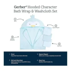 Gerber - Toalha de banho e panos de banho com capuz para bebê, pinguim