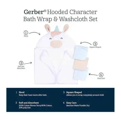 Gerber - toalha de banho e panos de banho com capuz para bebê, unicórnio