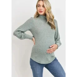 Hello Miz - Blusa Hacci Maternity Gola Mock com Canelado Escovado, Menta