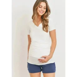 Hello Miz – Camiseta de maternidade franzida com decote em V alto e manga curta, marfim
