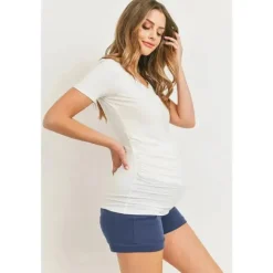 Hello Miz – Camiseta de maternidade franzida com decote em V alto e manga curta, marfim