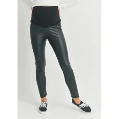 Hello Miz - Faux Leather Maternity Over The Bump Leggings, Black
