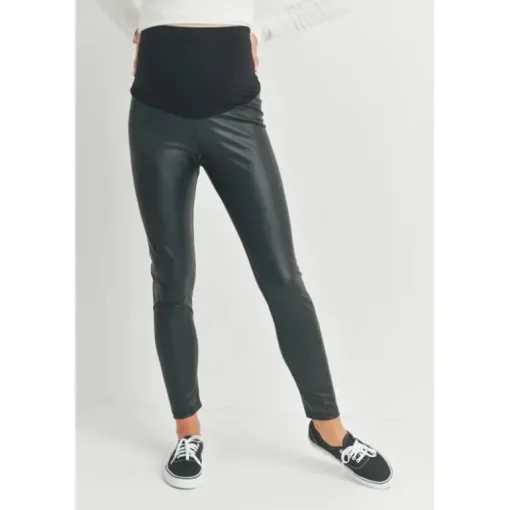 Hello Miz - Faux Leather Maternity Over The Bump Leggings, Black
