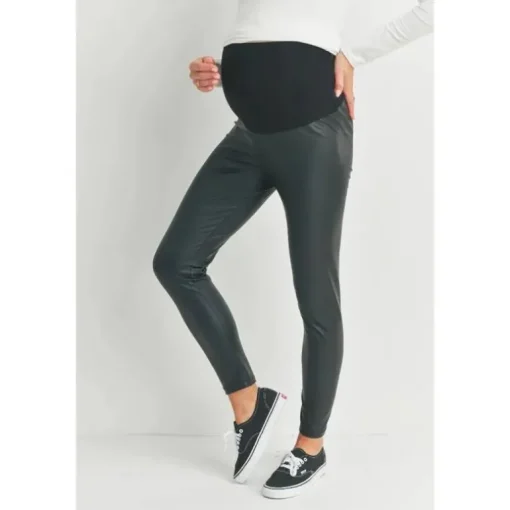 Hello Miz - Faux Leather Maternity Over The Bump Leggings, Black