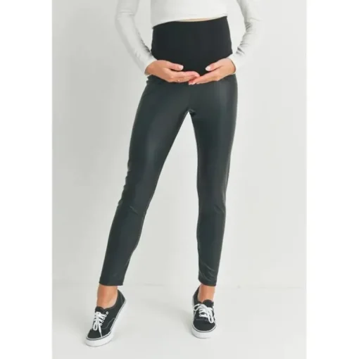 Hello Miz - Faux Leather Maternity Over The Bump Leggings, Black
