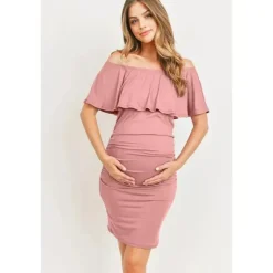 Hello Miz - Minivestido Grávida com Ombros Baixos e Folhos, Malva