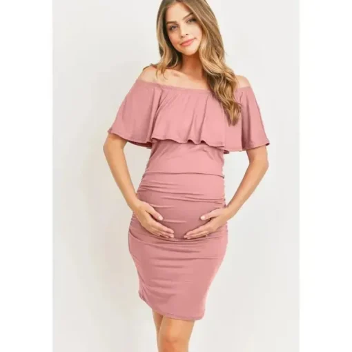 Hello Miz - Minivestido Grávida com Ombros Baixos e Folhos, Malva