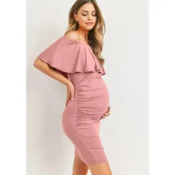 Hello Miz - Minivestido Grávida com Ombros Baixos e Folhos, Malva