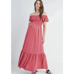 Hello Miz - Off The Shoulder Maternity Ruffled Maxi Dress, Dark Rose