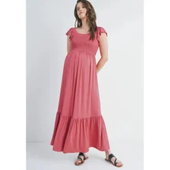 Hello Miz - Off The Shoulder Maternity Ruffled Maxi Dress, Dark Rose