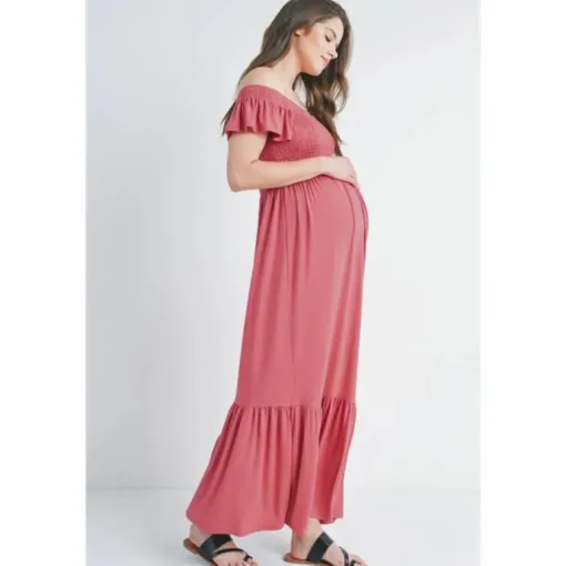 Hello Miz - Off The Shoulder Maternity Ruffled Maxi Dress, Dark Rose