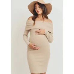 Hello Miz - Ribbed Off The Shoulder Bodycon Maternity Dress, Sand