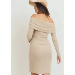 Hello Miz - Ribbed Off The Shoulder Bodycon Maternity Dress, Sand