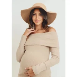Hello Miz - Ribbed Off The Shoulder Bodycon Maternity Dress, Sand