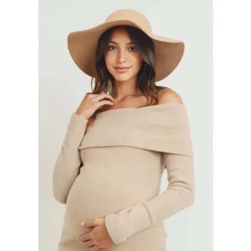 Hello Miz - Ribbed Off The Shoulder Bodycon Maternity Dress, Sand