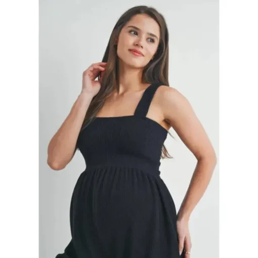 Hello Miz - Ribbed Smocked Maternity Knit Romper, Black