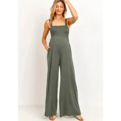 Hello Miz - Sleeveless Smocked Maternity Wideleg Jumpsuit, Olive