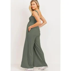 Hello Miz - Sleeveless Smocked Maternity Wideleg Jumpsuit, Olive