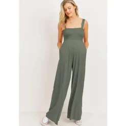 Hello Miz - Sleeveless Smocked Maternity Wideleg Jumpsuit, Olive