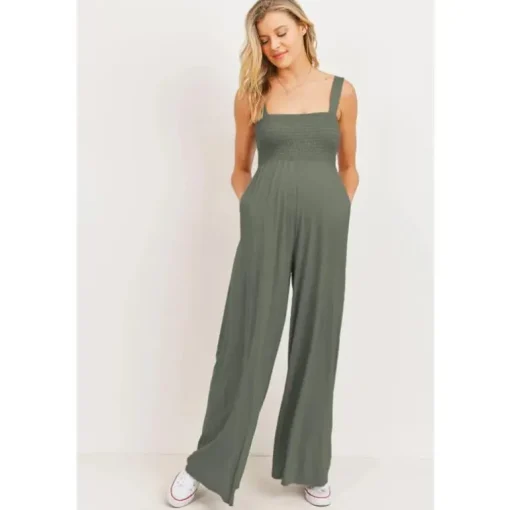 Hello Miz - Sleeveless Smocked Maternity Wideleg Jumpsuit, Olive