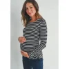 Hello Miz - Striped Button Trim Long Sleeve Maternity Top, Black