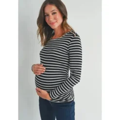 Hello Miz - Striped Button Trim Long Sleeve Maternity Top, Black