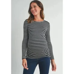 Hello Miz - Striped Button Trim Long Sleeve Maternity Top, Black