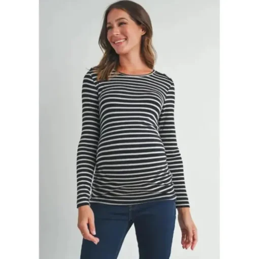 Hello Miz - Striped Button Trim Long Sleeve Maternity Top, Black