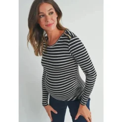 Hello Miz - Striped Button Trim Long Sleeve Maternity Top, Black
