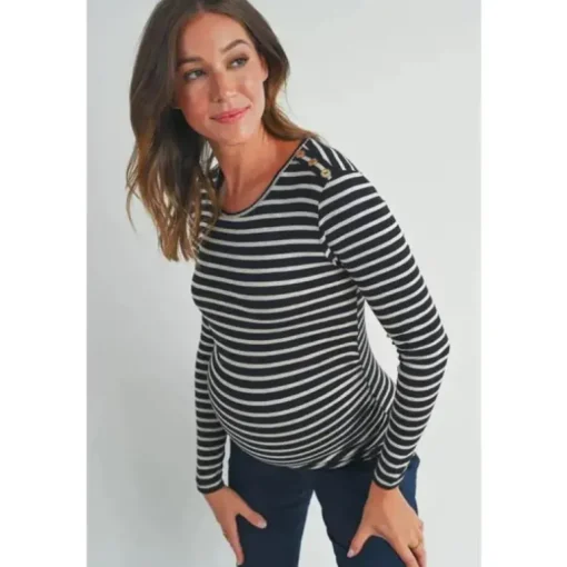Hello Miz - Striped Button Trim Long Sleeve Maternity Top, Black