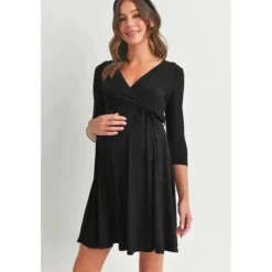 Hello Miz - Surplice Quarter Sleeve Nursing Waist Tie Dress, Black