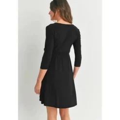 Hello Miz - Surplice Quarter Sleeve Nursing Waist Tie Dress, Black