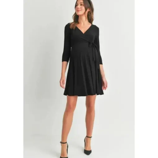 Hello Miz - Surplice Quarter Sleeve Nursing Waist Tie Dress, Black