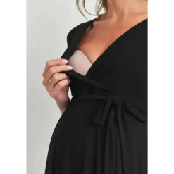 Hello Miz - Surplice Quarter Sleeve Nursing Waist Tie Dress, Black