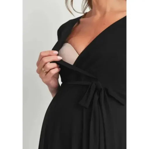 Hello Miz - Surplice Quarter Sleeve Nursing Waist Tie Dress, Black