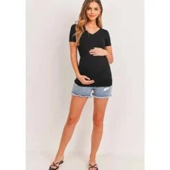 Hello Miz - Top de maternidade básico com decote em V alto com detalhe lateral franzido, preto