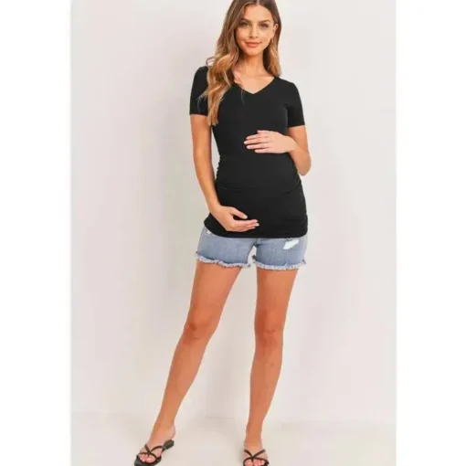 Hello Miz - Top de maternidade básico com decote em V alto com detalhe lateral franzido, preto