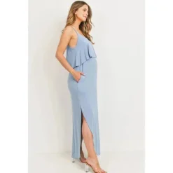 Hello Miz - Vestido Maxi de Enfermagem para Maternidade Sólido, Chambray