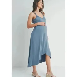 Hello Miz - Vestido midi de maternidade cruzado alto-baixo nas costas, Chambray