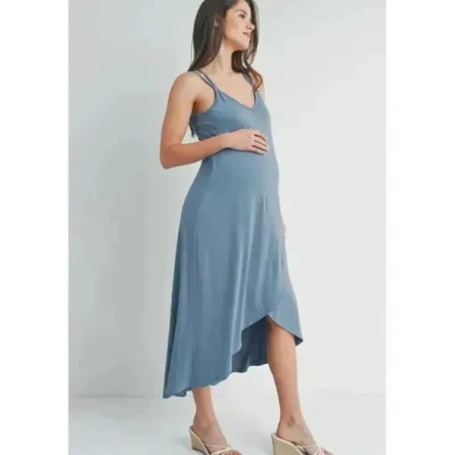 Hello Miz - Vestido midi de maternidade cruzado alto-baixo nas costas, Chambray