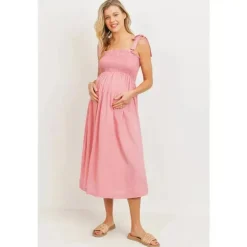 Hello Miz - Vestido Midi Maternidade Smocked com Ombro e Gravata, Rosa